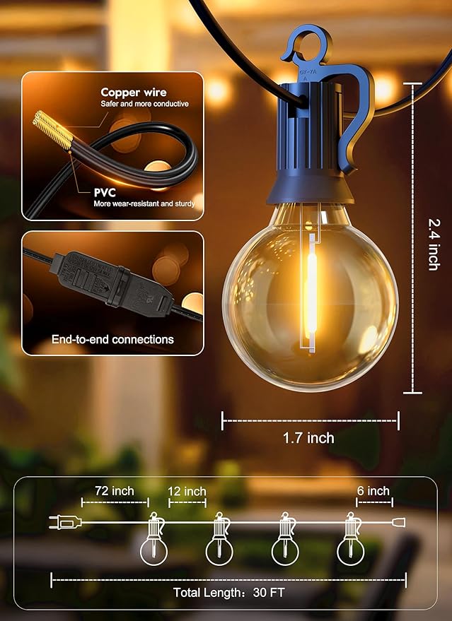 Outdoor String Lights, 30ft Warm White Waterproof LED