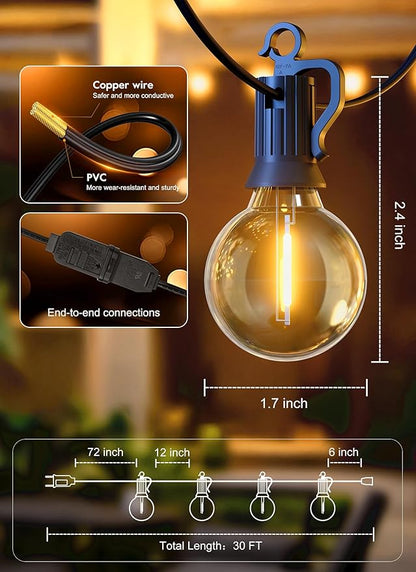 Brightown 30FT LED Outdoor String Lights, Plug-in Waterproof Patio Lights with 25 Shatterproof Bulbs, Warm White Outdoor Hanging Light Decor for Backyard Deck Garden Bistro Porch Party