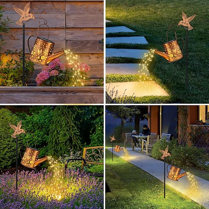Outdoor Hanging Solar Lantern Waterproof Set Outside Metal Openwork Hummingbird watering can Landscape Lights for Garden Yard Patio Pathway Decor Birthday Gifts for Women Mom Grandma -With Floor Pole