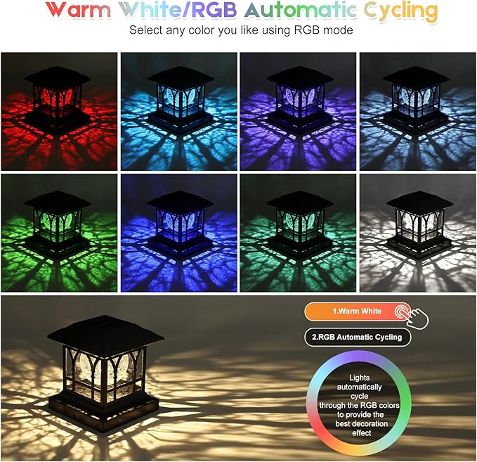 Fence Post Solar Lights, Crackle Glass Solar Post Cap Lights, 20 Lumens, Warm White & RGB Automatic Cycling 2 Modes for 3.6x3.6 4x4 4.5x4.5 5x5 Vinyl Wooden Posts Decoration, Black (6 Pack)