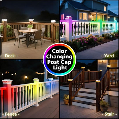 T-SUN Solar Post Cap Lights 6 Pack – Outdoor Waterproof RGB Color Changing Light for 3.5x3.5 4x4 5x5 5.5x5.5 Wood/Vinyl Fence Posts, Solar Deck Lights for Patio, Garden, Porch(White)