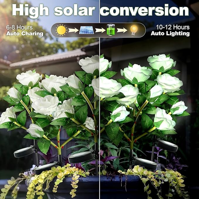 Anordsem Solar Garden Lights Outdoor: 10 Waterproof Fabric Roses 2 Pack - White LED Flower Decorations for Yard Patio Path Cemetery Grave - Mother's Day Gifts for Her Women Mom Wife