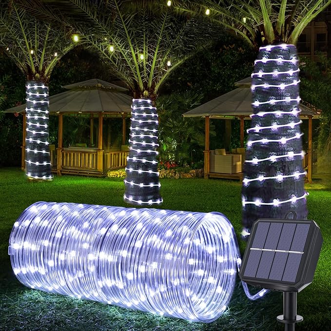 Solar Rope Lights Outdoor, 66ft 200 LED 8-Mode Waterproof String Tube Light for Garden & Patio, White