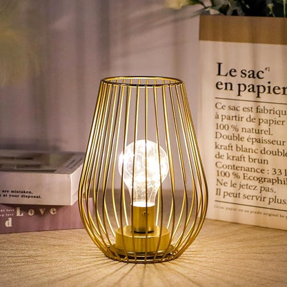 TRIROCKS Metal Battery Operated Lamp 8'' Tall Cage Shape Cordless Table Lantern with Warm Fairy Lights Bulb for Thanksgiving Christmas Patio Garden Wedding Parties Indoor Outdoor (Golden)