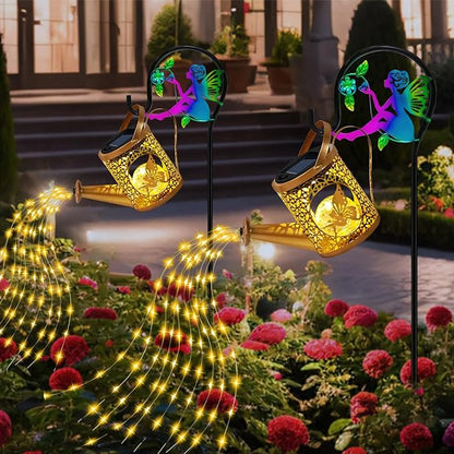 Christma Gifts Solar Lights Garden Decorative, Solar Watering Can with Cascading Lights, Waterproof Metal Lantern with Fairy Shepherd Hook, Outdoor Decor for Yard, Patio, Gifts for Mother's Day, Women