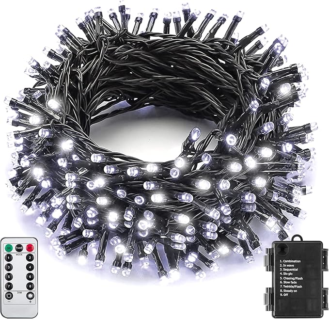 Outdoor Christmas String Lights 33Ft 100LED Battery Fairy Lights for Indoor Outdoor Waterproof Remote Timer 8Modes String Lights for Garden Party Holiday Xmas Trees Décor (Cold White)