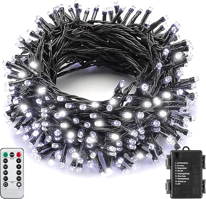 Outdoor Christmas String Lights 33Ft 100LED Battery Fairy Lights for Indoor Outdoor Waterproof Remote Timer 8Modes String Lights for Garden Party Holiday Xmas Trees Décor (Cold White)