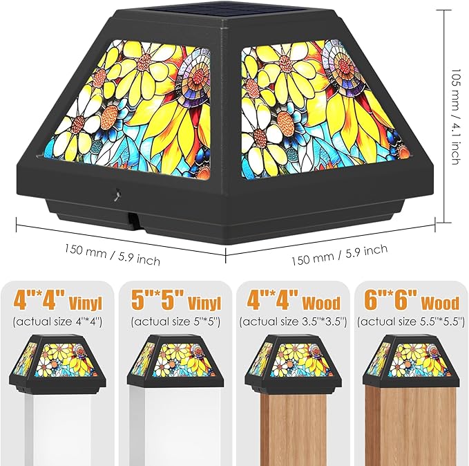 Solar Post Cap Lights - 4x4, 5x5, 6x6 Fence Post Solar Lights, Sunflower Lampshade, 15LM Bright LED, IP65 Waterproof Outdoor Post Lights for Garden, Yard, Deck, Warm White (Sunflower, 4)