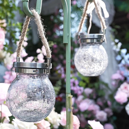 Cooo Gifts for her him 2 Pack Solar Lanterns Waterproof Outdoor Heavy Crackle Glass 30 LED Warm Firefly Lights Stainless Steel Lid 215% Solar for Women Mom Grandma Outdoor Lamps Garden Yard Decor