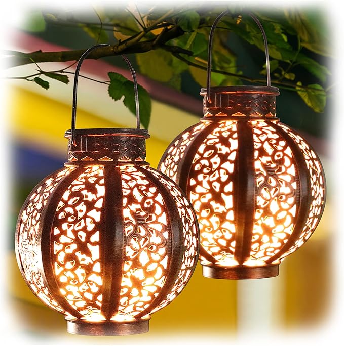 MAGGIFT 2 Pack Hanging Solar Lanterns Outdoor - Vintage Solar Powered Lantern for Outside - Waterproof Solar Lights for Yard Decor 6 Lumens, Copper
