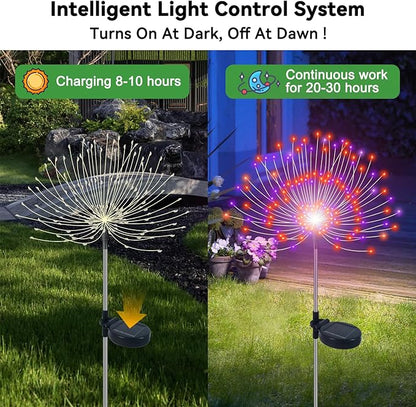 Solar Garden Lights Outdoor Waterproof, 2 Pack 120 LED Solar Firework Lights Decorative Garden Décor Outside for Flowerbed Pathway Party Halloween Christmas Decorations, Purple + Orange