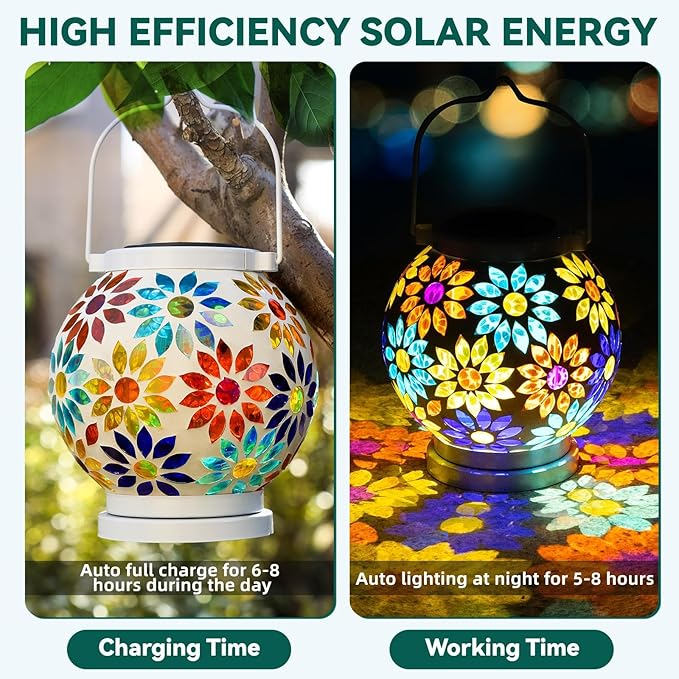 VOREEN 2 Pack Mosaic Solar Lanterns, Handmade Outdoor Glass Hanging Lights, Solar Table Lamps, Waterproof Night Lights, Gift for Mom Wife Friend, Decor for Garden, Patio, Yard, Party, Balcony, Round