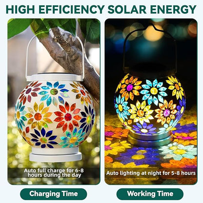 VOREEN 2 Pack Mosaic Solar Lanterns, Handmade Outdoor Glass Hanging Lights, Solar Table Lamps, Waterproof Night Lights, Gift for Mom Wife Friend, Decor for Garden, Patio, Yard, Party, Balcony, Round