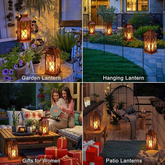 2-Pack Rustic Garden Solar Lanterns for Patio, Waterproof LED