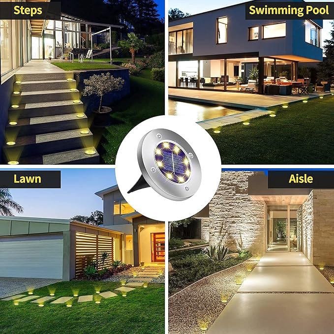 Aogist Solar Ground Lights - 12 Pack, 8 LED, Waterproof Outdoor Disk Lights for Pathway, Yard, Walkway, Patio, Lawn Path (Warm White)
