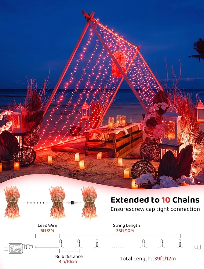 Hopolon Valentines Day Decorations String Lights, 33 FT 100 Led Red Christmas Lights Outdoor Waterproof,8 Modes Clear Wire Twinkle Fairy Light Plug in for Indoor Bedroom Party Wedding,100 LED,Red