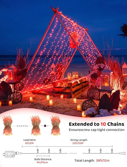 Hopolon Valentines Day Decorations String Lights, 33 FT 100 Led Red Christmas Lights Outdoor Waterproof,8 Modes Clear Wire Twinkle Fairy Light Plug in for Indoor Bedroom Party Wedding,100 LED,Red