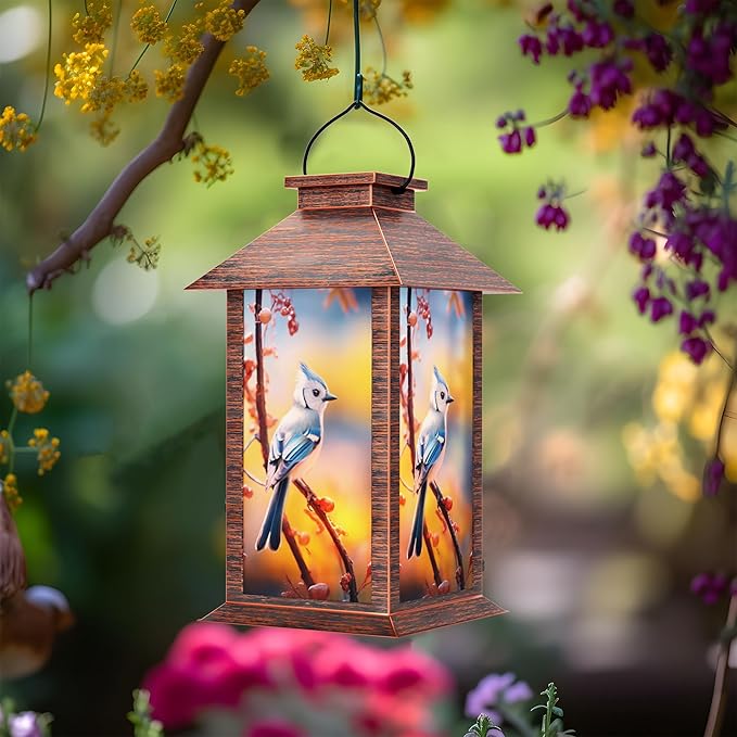 Solar Lanterns Outdoor, Waterproof Blue Jay Garden Hanging Lanterns with LED Flickering Flameless Candles for Mom Grandma Women Lantern Decorative Outdoor for Christmas, Yard, Garden Decor