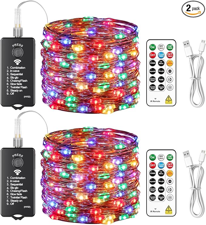 HXWEIYE Rechargeable Fairy Lights with Remote, 2 Pack 33ft 100LED Twinkle Lights with DIY Timer & Light Sensor, Waterproof Outdoor String Lights for Bedroom Patio Christmas Tree Decor, Multicolor