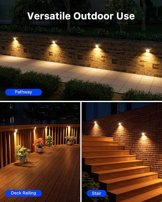 4 Pack Solar Stainless Steel Fence Lights Outdoor Waterproof Motion Sensor Wall Sconce for Backyard Post, Deck, Porch, Stair Rail, Dock, Gate, Walkway, Steps, Patio, Garden, Ambiance Warm Lighting