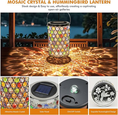 Gifts for Women, Solar Lanterns Outdoor – Mosaic Crystal & Hummingbird Hanging Solar Lights, IP65 Waterproof Solar Powered Decor for Patio, Garden, Backyard, Pathway, Birthday Gifts