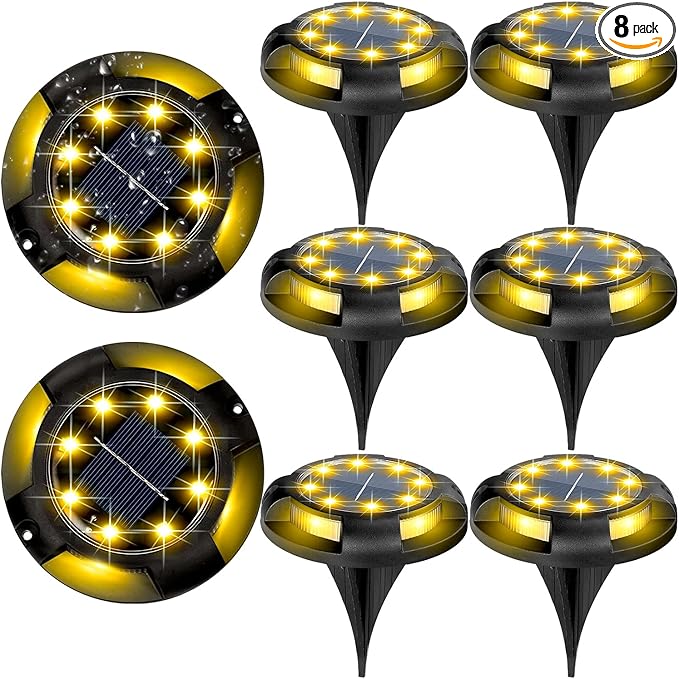 Solar Flat Disk Lights 8-Pack, Waterproof Driveway