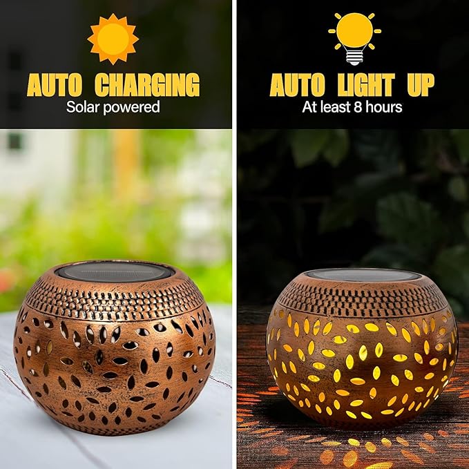 Solar Table Lanterns Outdoor Waterproof - 2 Pack LED Lamp Copper Metal Tabletop Light Solar Powered Decorative Lantern for Indoor Desk Bedroom Patio Garden Pathway Yard
