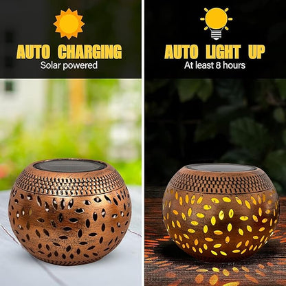 Solar Table Lanterns Outdoor Waterproof - 2 Pack LED Lamp Copper Metal Tabletop Light Solar Powered Decorative Lantern for Indoor Desk Bedroom Patio Garden Pathway Yard