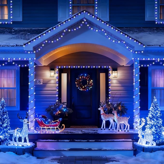 YEGUO Christmas Lights Battery Operated, 2 Pack Each 33ft 100 LED Blue and White String Lights Outdoor Waterproof, 8 Modes Green Wire Fairy Light Indoor with Remote