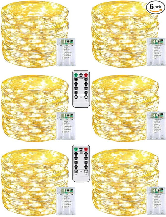 6 Pack 60LED Christmas Battery Operated Fairy Lights with Remote, 8 Modes String Lights with Timer, Dimmable, Memory Function, Waterproof Twinkle Lights for Outdoor Indoor Christmas Decor(Warm White)