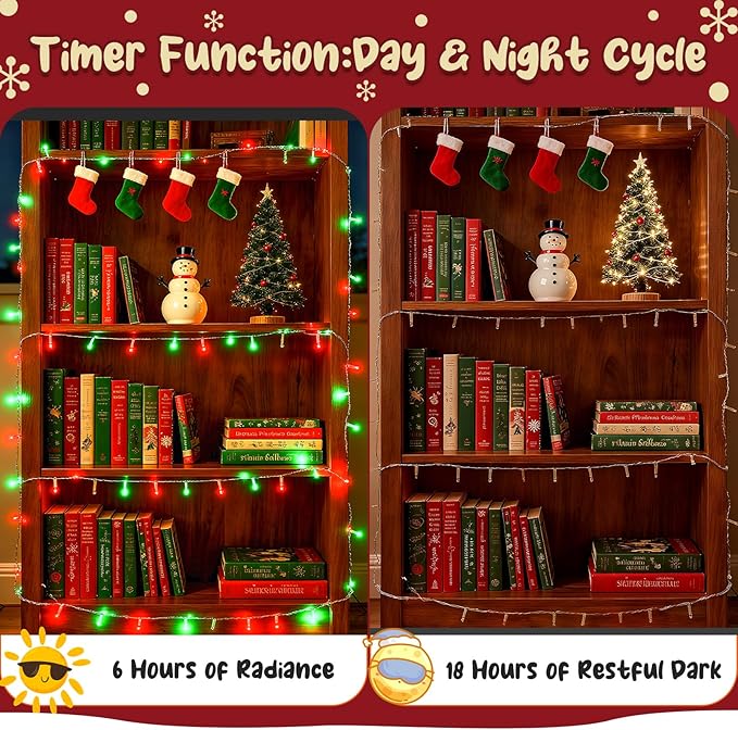 Red and Green Christmas Lights Outdoor Waterproof 9.8ft 30 LED, String Lights Battery Operated with Timer Clear Wire for Indoor & Outdoor Christmas Decorations Garland Party Garden