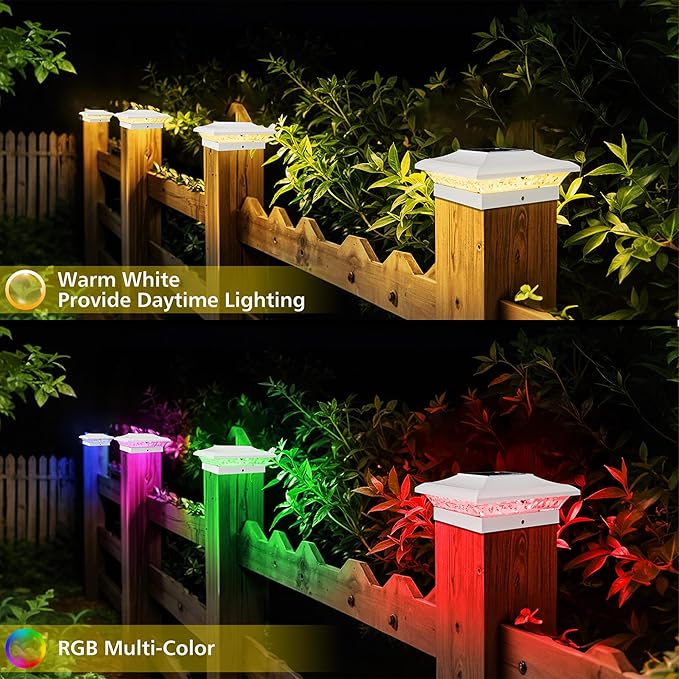 T-SUN Solar Post Cap Lights with Auto-Change Colors- for Vinyl/Wooden Posts Weatherproof Outdoor Solar Fence Post Lights for Deck, Porch, Garden & Stairs(12-Pack,RGB)