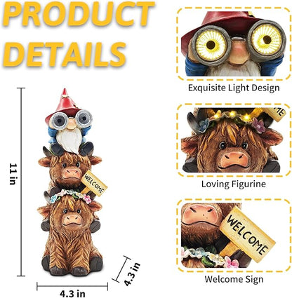 Christmas Garden Gnomes Outdoor Statue: 11'' Highland Cow Decor with Welcome Sign Funny Triple Yard Decorations with Solar Light Unique Birthday Gifts for Women Mother Grandma