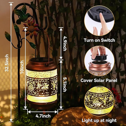 Hummingbird Solar Lanterns Outdoor Waterproof with Shepherd Hook, Garden Decor Solar Birthday Gifts for Women Mom Grandma, Hummingbird Metal Hanging Lantern for Yard, Patio, Lawn, Pathway