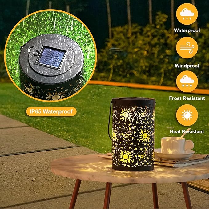 Outdoor Solar Lanterns Garden Decor Hanging Solar Lantern Lights Waterproof Metal Garden Lantern with Sun Star Moon Decorative Yard Lantern Decor as Gift for Women