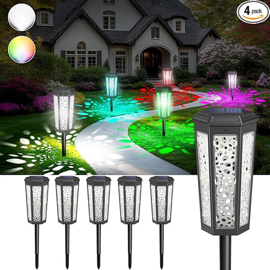 Solar Powered Pathway Lights Outdoor Warm White & RGB Color Changing LED Landscape Decor Waterproof for Patio, Yard, Walkway, Garden, Auto On/Off 4 Pack 2 Modes (Cool White & Multicolor, 6 Pack)