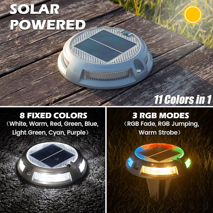 SIEDiNLAR Solar Driveway Lights Outdoor 16 LEDs 9 Modes, Dock Markers Deck Lights Waterproof Warning for Driveway Step Walkway Pathway Ground Yard Garden, RGB (12 Pack)