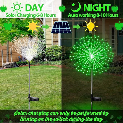 6 Pcs St. Patrick's Day Solar Firework Stake Lights 180 LED 8 Modes Waterproof LED Sparkler Lights Outdoor Decoration for Irish Garden Patio Yard Pathway Walkway Lawn, Green