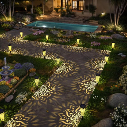 6 Pack Solar Lights Outdoor Garden Decorative Mandala Solar Garden Lights with Warm Light Waterproof Solar Pathway Landscape Lights for Path Patio Backyard Walkway Yard Lawn Decor (Black)