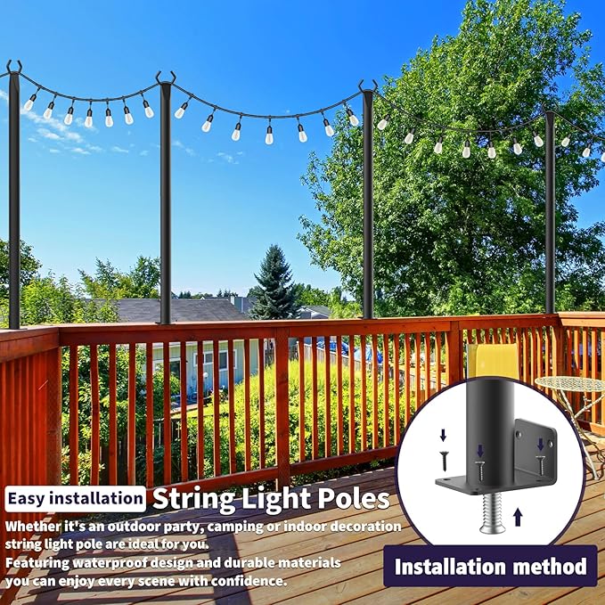 AILBTON 10 Pack 5Ft String Light Poles,Light Poles for Outside String Lights,Outdoor Light Poles with Fence Bracket,Metal Pole Stand for Patio,Backyard,Deck