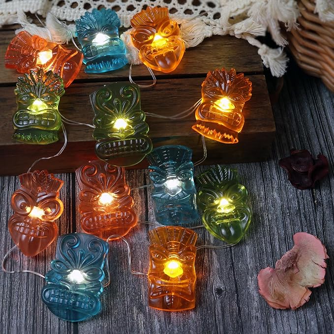 Bartlett Solar Tiki Mask Lights Outdoor 40LED 14FT, Waterproof Tropical String Lights for Garden Patio Porch Yard Pathway Fence, Solar Powered Hawaiian Luau Party Decorations Night Ambient Lighting