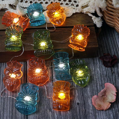 Bartlett Solar Tiki Mask Lights Outdoor 40LED 14FT, Waterproof Tropical String Lights for Garden Patio Porch Yard Pathway Fence, Solar Powered Hawaiian Luau Party Decorations Night Ambient Lighting