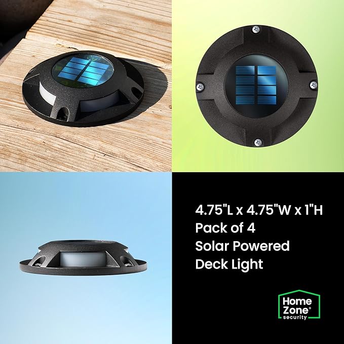 Home Zone Security 4 Packs Solar Deck Light Outdoor 40 Lumens Total Waterproof Weather Resistant, Auto On Sensor Fence Light, Durable Aluminum Plastic Case for Decor Step Pathway Garden