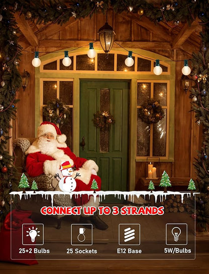 G40 Frosted White Christmas Lights Outdoor 25Ft Globe Christmas Decorations Lights with 27 Frosted White Bulbs, Hanging Globe Outdoor String Lights for Xmas Tree Wedding Backyard Party, Green Wire