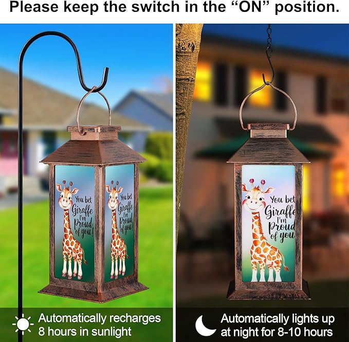 Solar Hanging Lanterns, Bronze, Little Giraffe Pattern, Waterproof, Solar LED, Ideal for Garden Decor, Patio, Lawn, Porch
