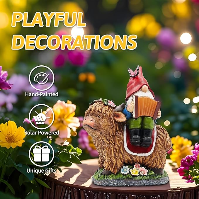 Christmas Garden Gnomes Outdoor Statues: 8'' Solar Light Gnome Decor on Highland Cow Play The Accordion Unique Birthday Gifts for Women Mother Grandma