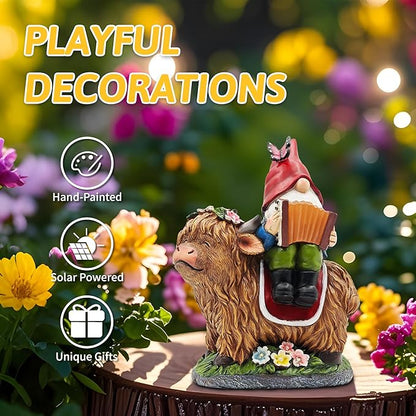 Christmas Garden Gnomes Outdoor Statues: 8'' Solar Light Gnome Decor on Highland Cow Play The Accordion Unique Birthday Gifts for Women Mother Grandma