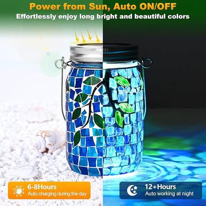 Uspring 2 Pack Mosaic Solar Lanterns Outdoor Waterproof Garden Decor Stained Glass Hanging Solar Jar Lights Gifts for Women Mom Grandma Handmade Outdoor Lantern Lamp for Patio Porch Yard Table