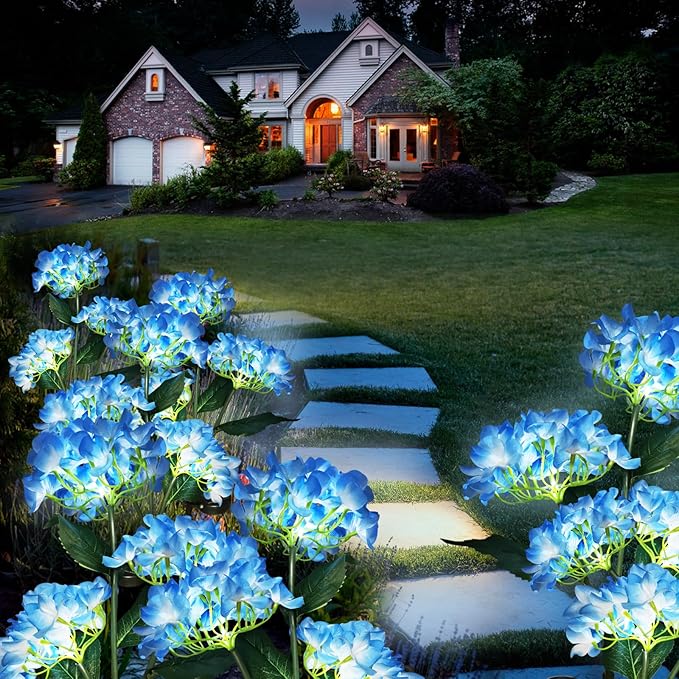Garden Lights Solar Flower Light, LED Solar Powered Outdoor Light Decor for Path Yard Walkway Patio Balcony Lawn, Hydrangea Artificial Flower (Blue, 2)