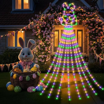 12 ft Easter Bunny Waterfall String Lights with 305 LED Colorful Bunny String Lights with 8 Modes Lighted Easter Outdoor Party Decoration for Tree Garden Yard Spring Themed Decor